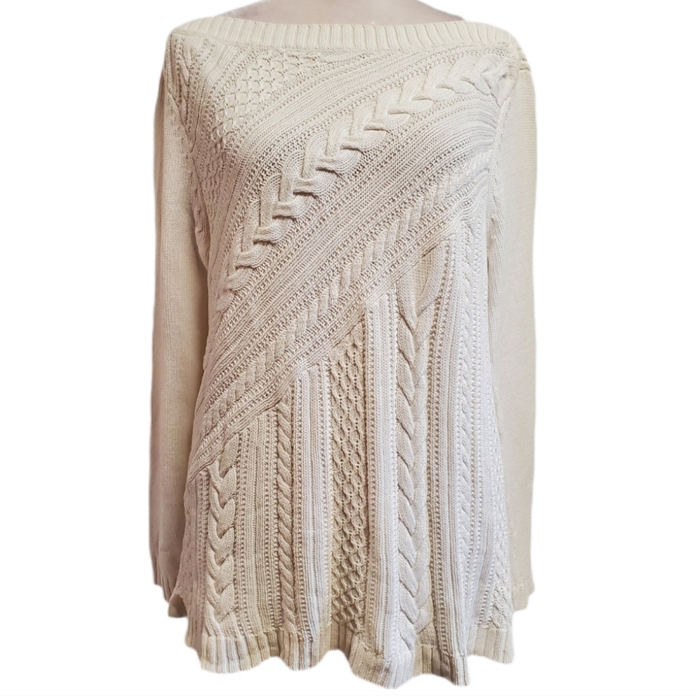 Talbots white cotton Cable Knit boat neck long sleeve Sweater top L